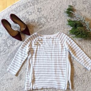 Loft Gray and White Striped 3/4 Sleeve Top